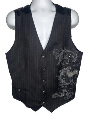 Elite Eddie Domani Waistcoat Vest Size L Black Gray Pinstripe Embroidered Cross